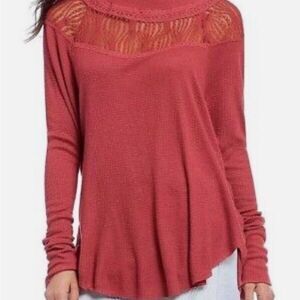 Free People Top Spring Valley Lace Inset Cochineal Red Waffle top  sz S